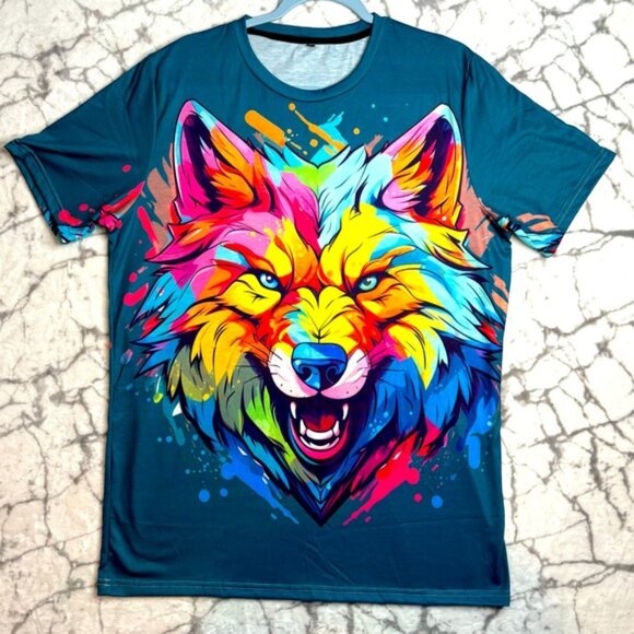 WOLF T-Shirt Men's L Blue Green Neon Wolf Head Front & Back Pink Yellow Otange - Picture 11 of 11